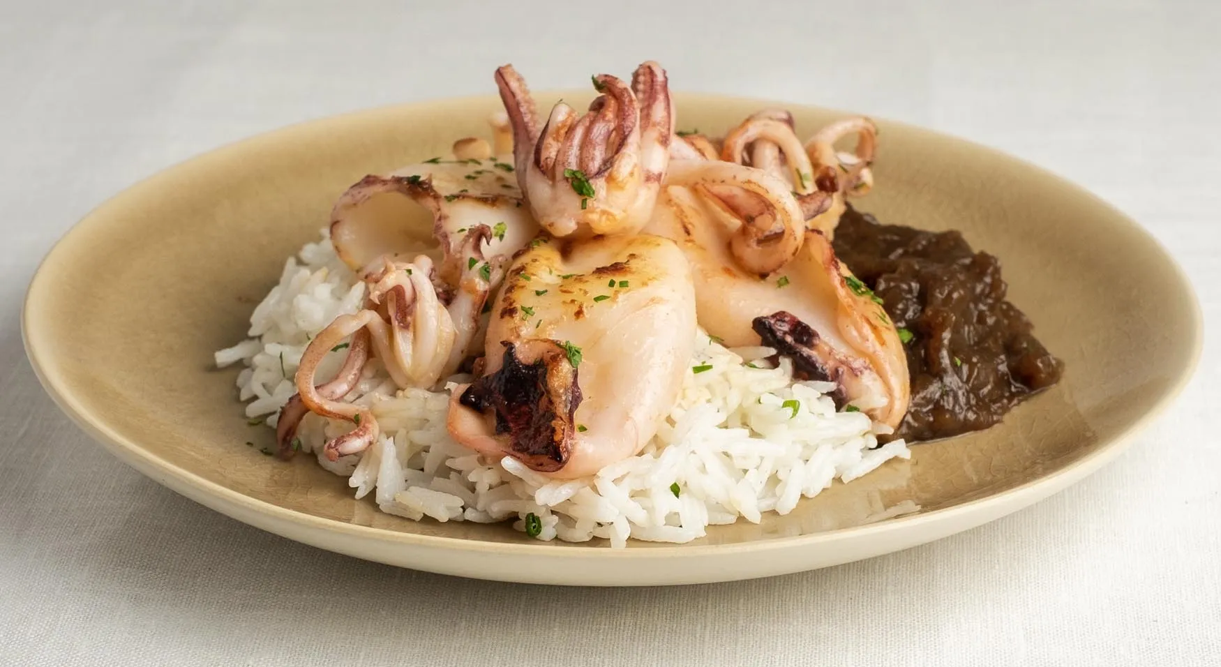 Calamares frescos encebollados sobre cama de cebolla caída y arroz basmati